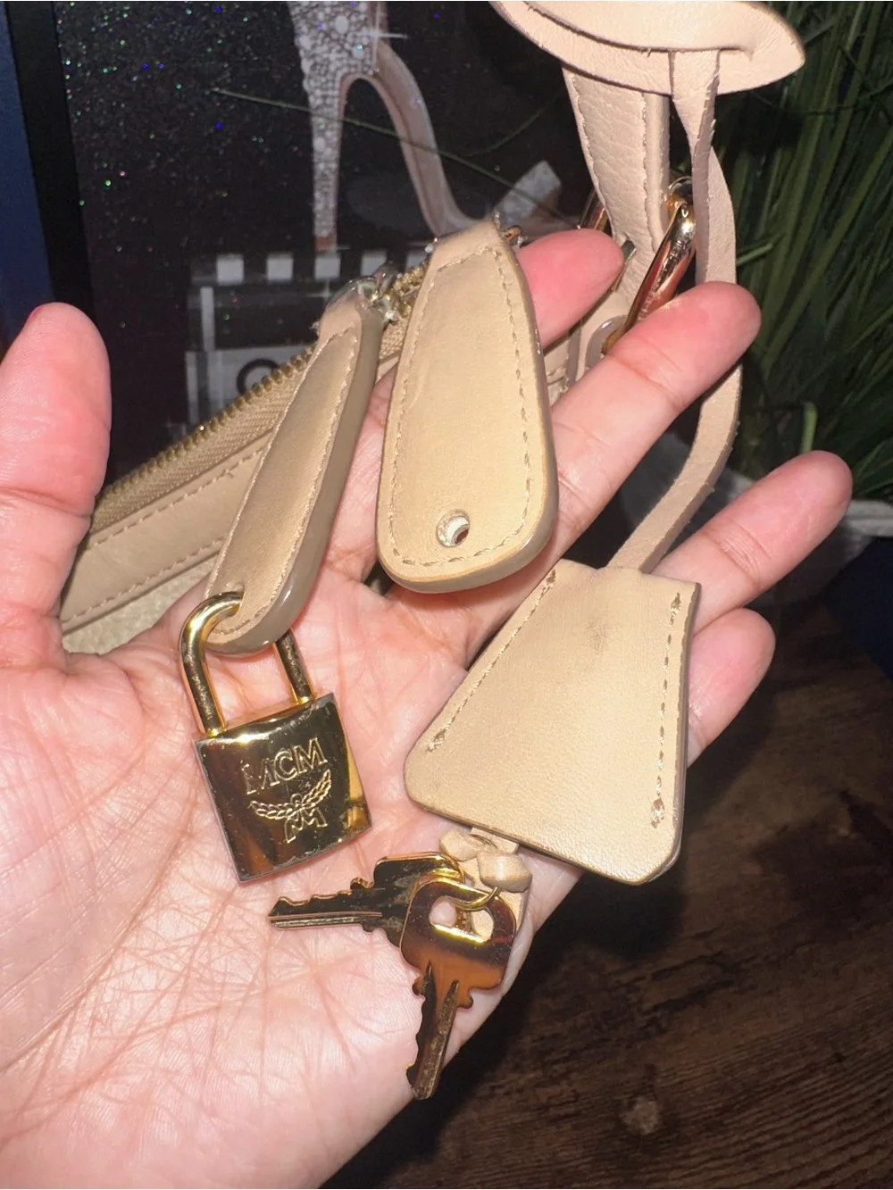MCM Visetos Hobo Shoulder Bag Beige Cognac Leather Gold Hardware Padlock Key